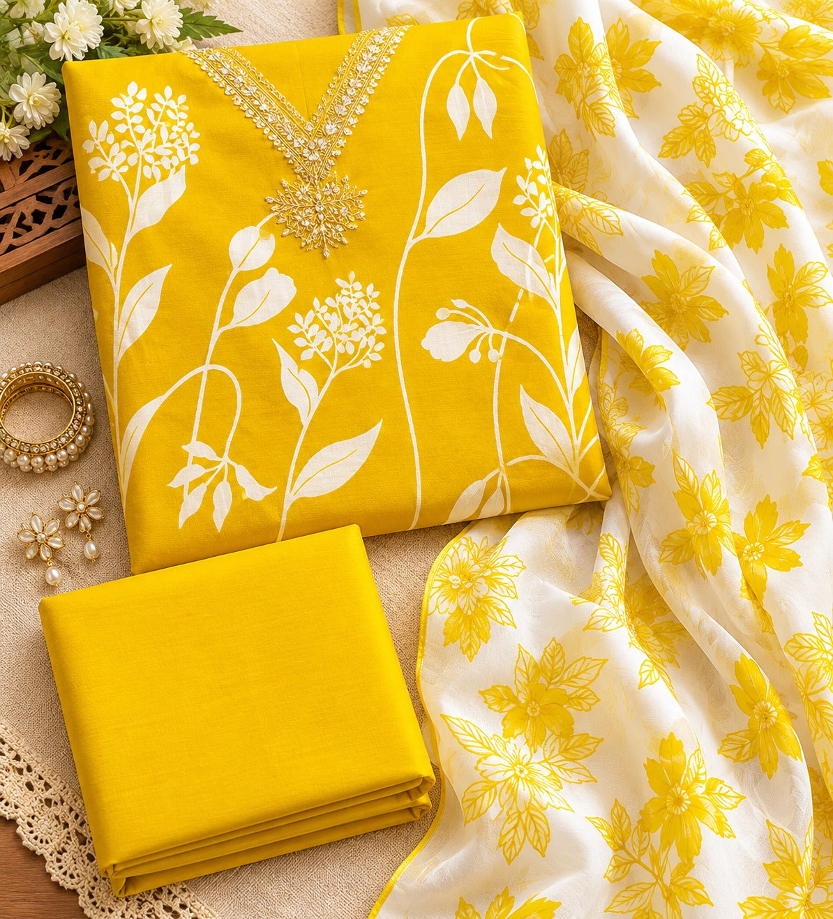 Mustard Lime Botanical Silk Unstitched Suit Piece with Chiffon Dupatta
