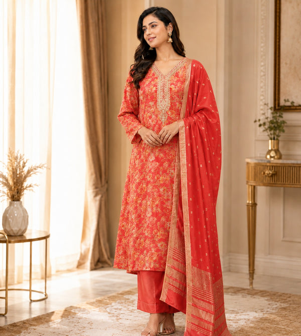 Peach Coral Floral Silk Unstitched Suit Pieace with Zari Dupatta