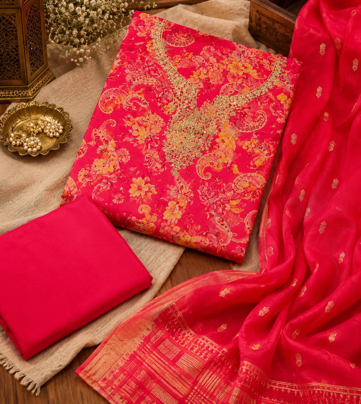 Peach Coral Floral Silk Unstitched Suit Pieace with Zari Dupatta