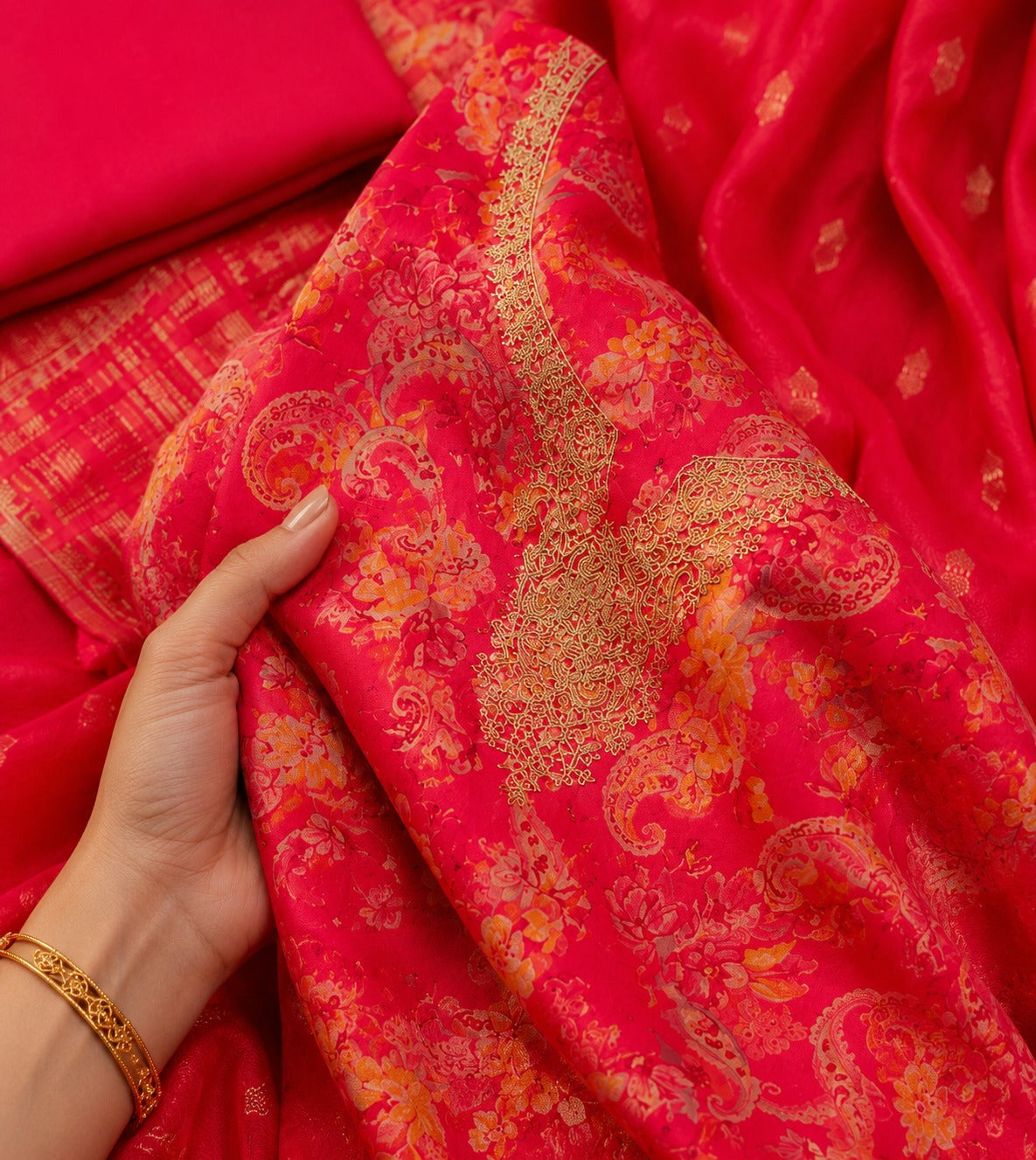 Peach Coral Floral Silk Unstitched Suit Pieace with Zari Dupatta