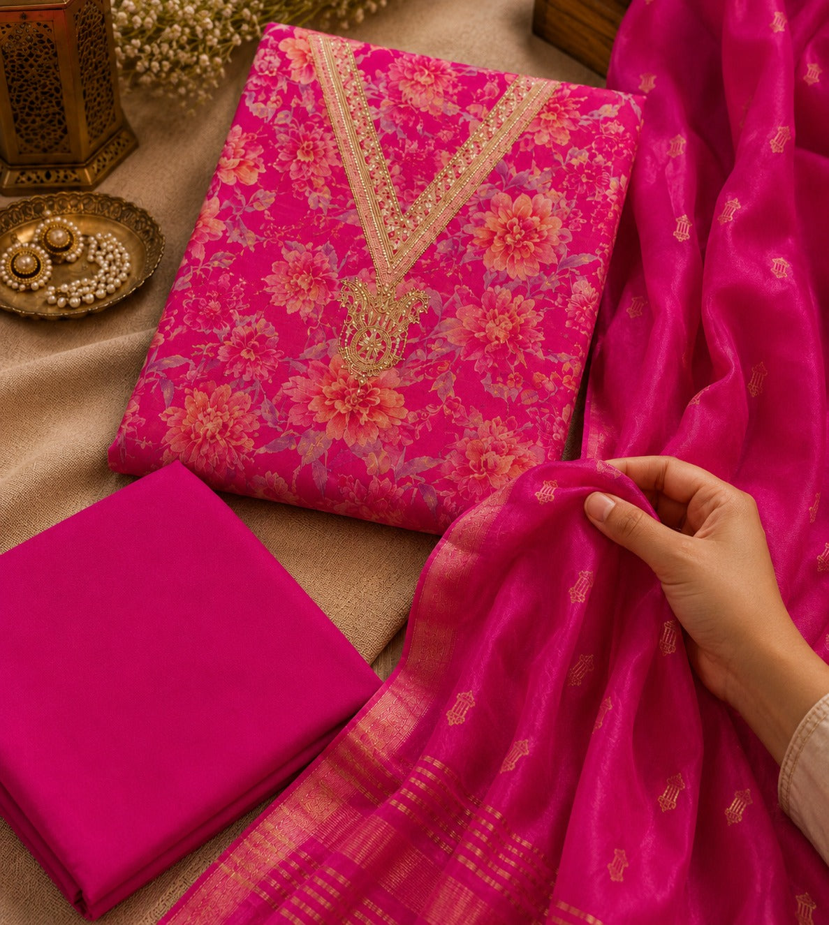 Pink Floral Silk Unstitched Suit Piece with Zari Dupatta