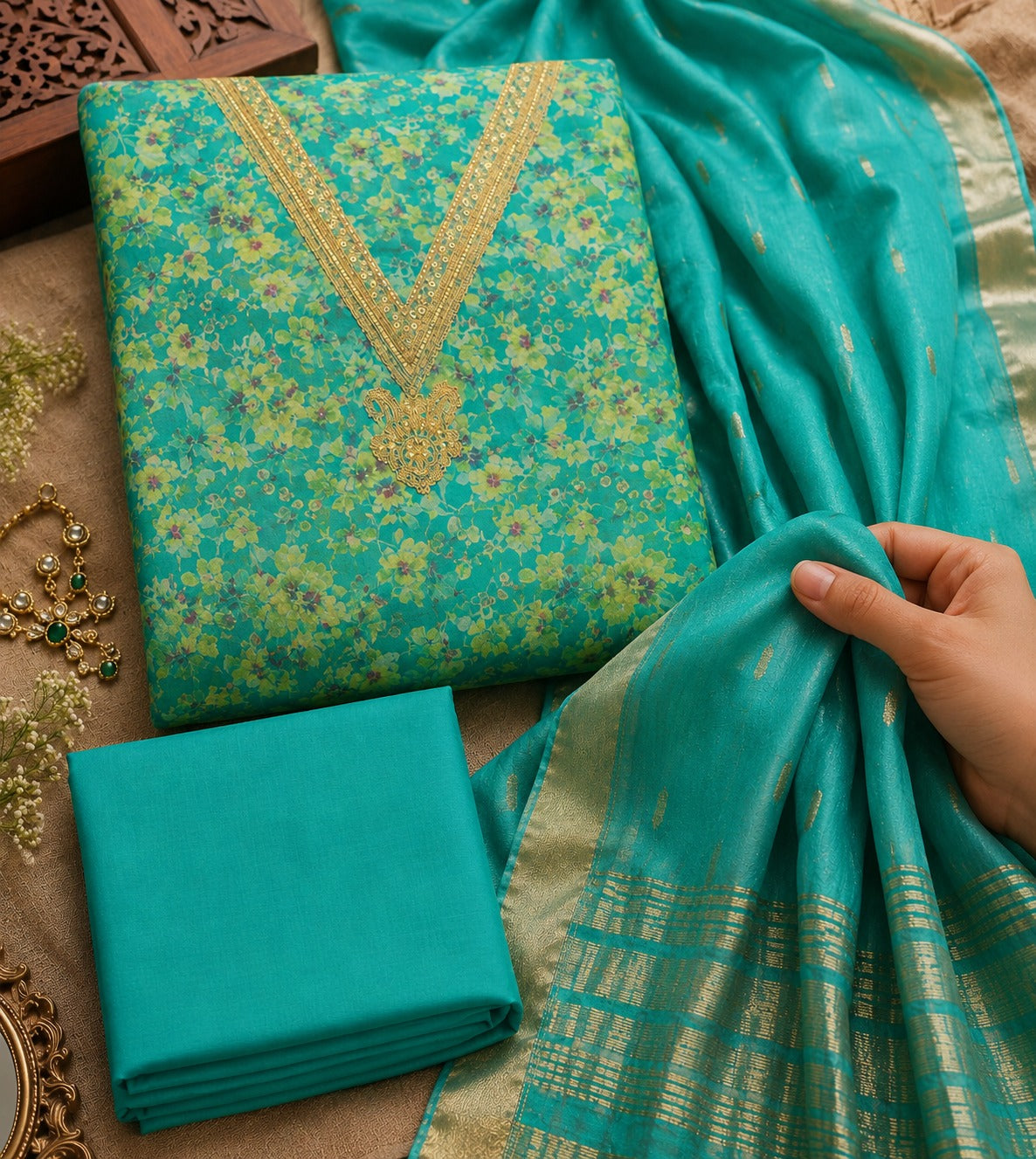 Turquoise Teal Floral Silk Unstitched Suit Piece with Zari Dupatta