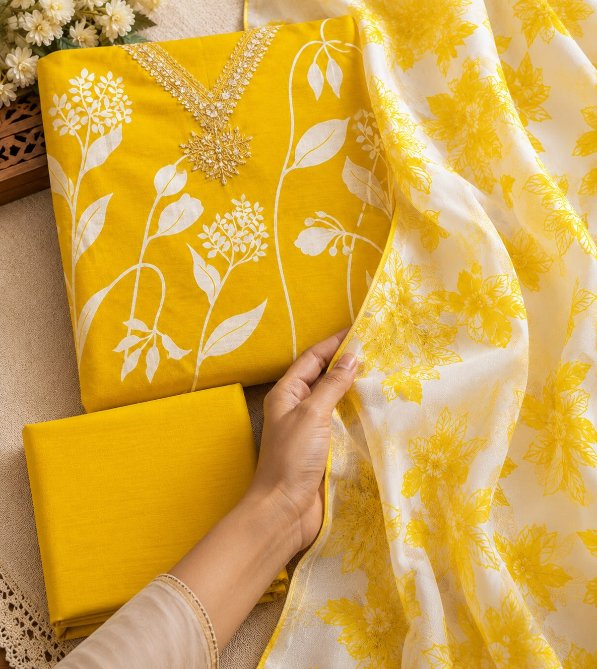 Mustard Lime Botanical Silk Unstitched Suit Piece with Chiffon Dupatta